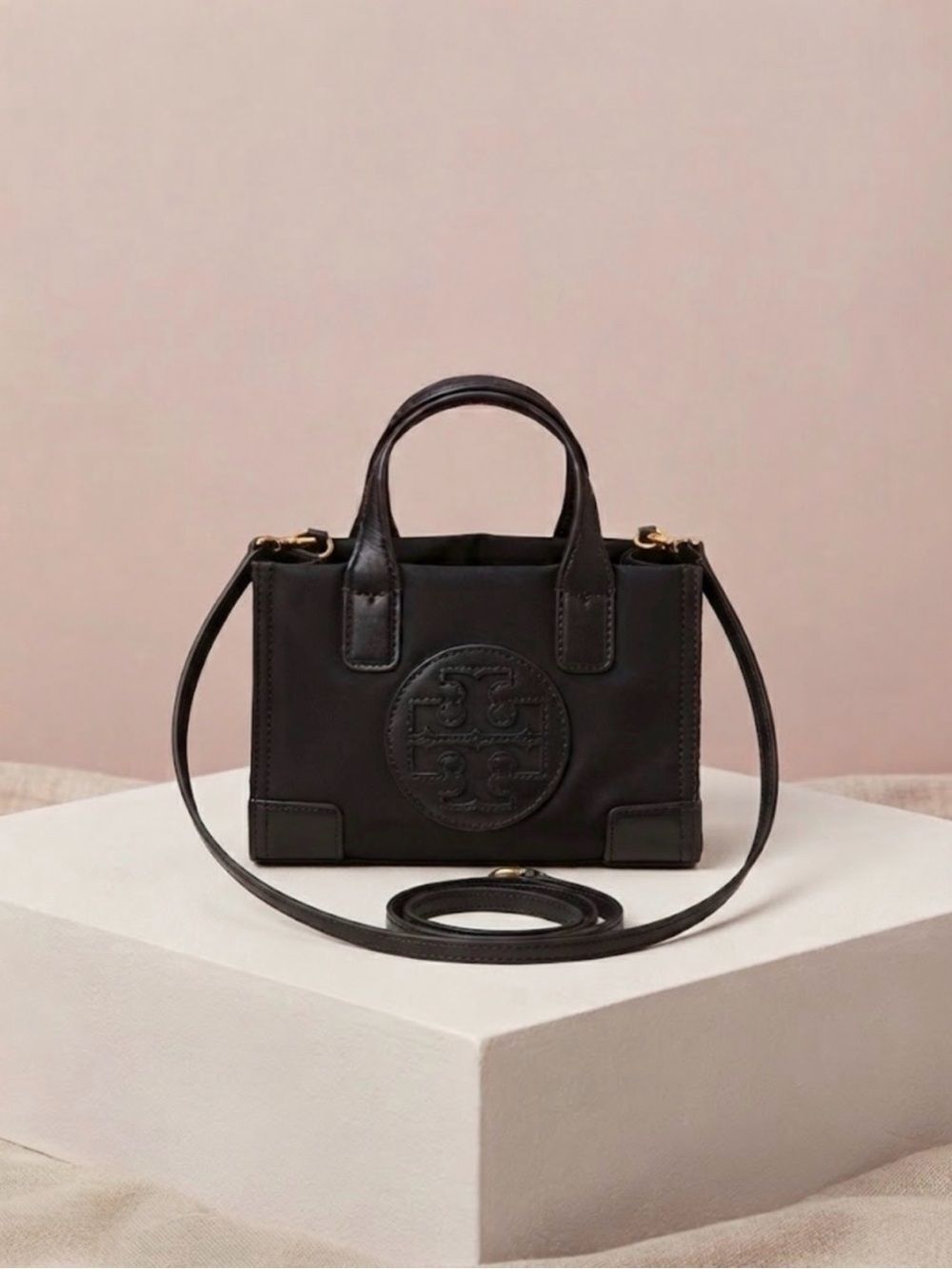 Tory Burch Micro Ella crossbody Nylon embossed logo leather gold tone hardware